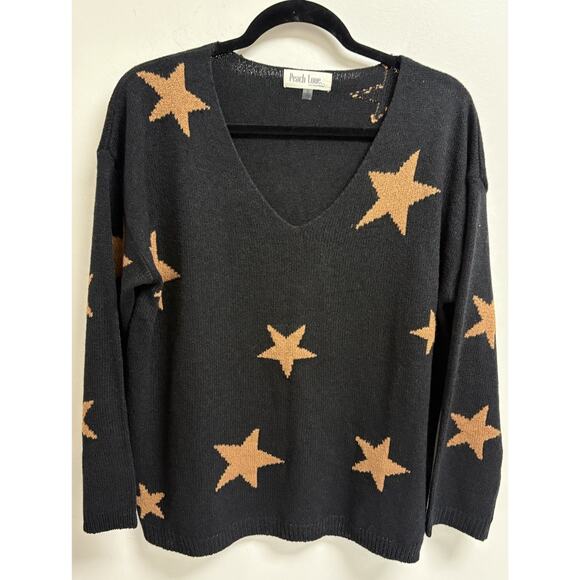 Peach Love California Women’s Sweater Small Black Tan Star Print V-Neck - Picture 1 of 5